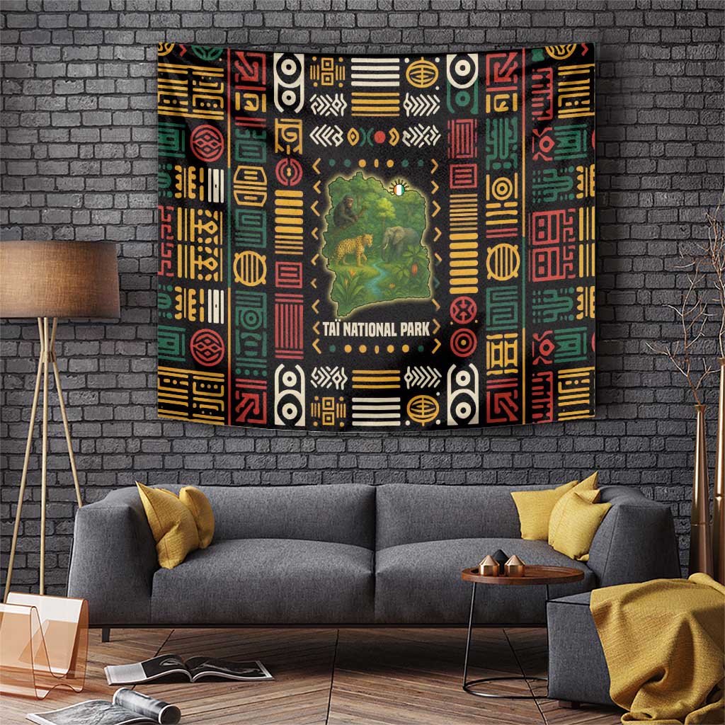 Ivory Coast Tapestry with Taï National Park Wildlife Map Design - Wonder Print Shop