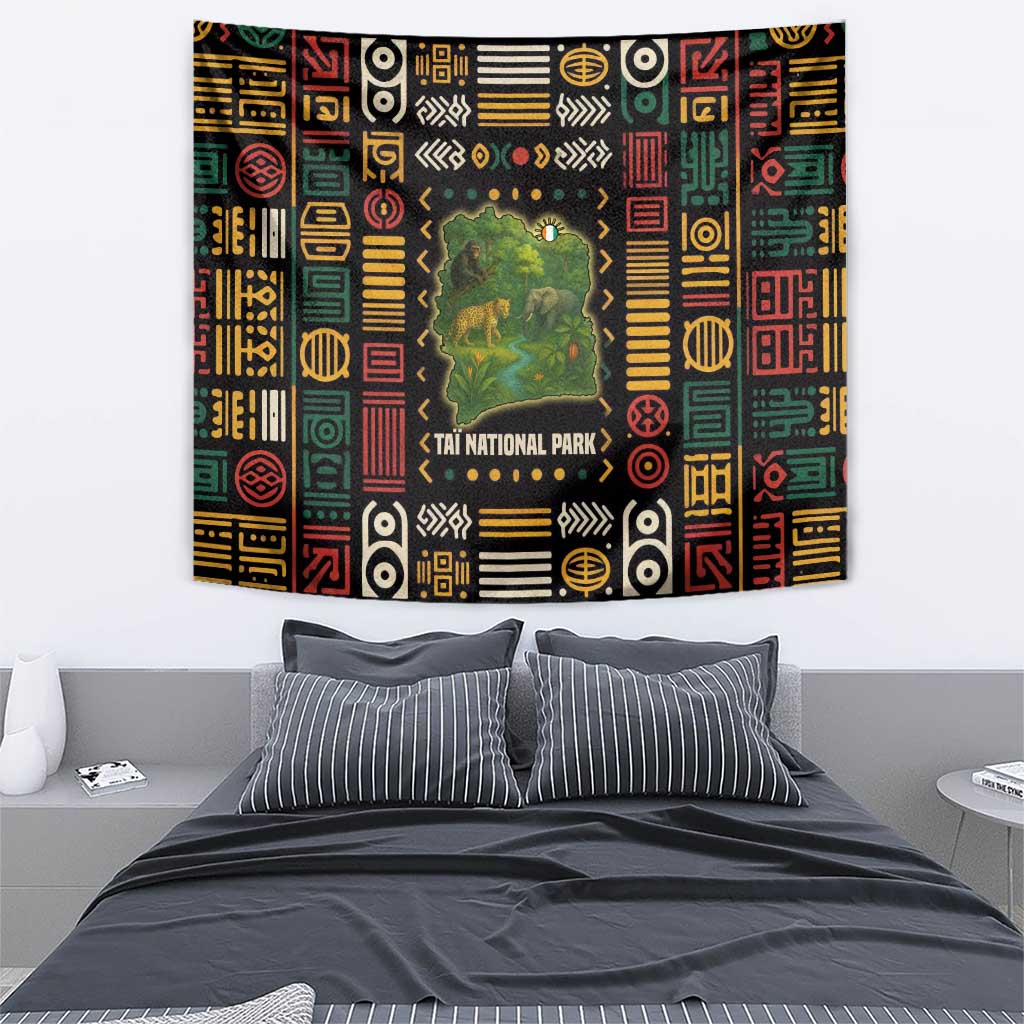 Ivory Coast Tapestry with Taï National Park Wildlife Map Design - Wonder Print Shop