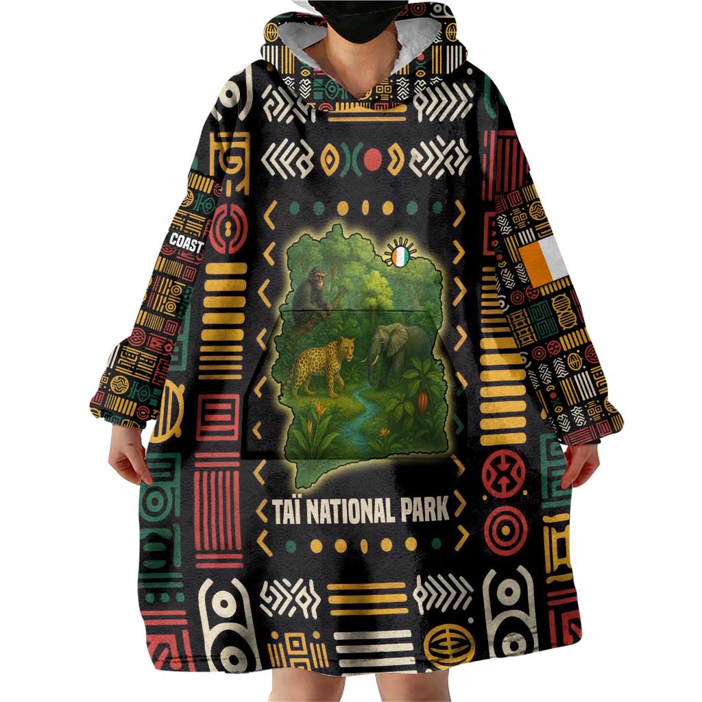 Ivory Coast Wearable Blanket Hoodie with Taï National Park Wildlife Map Design - Wonder Print Shop
