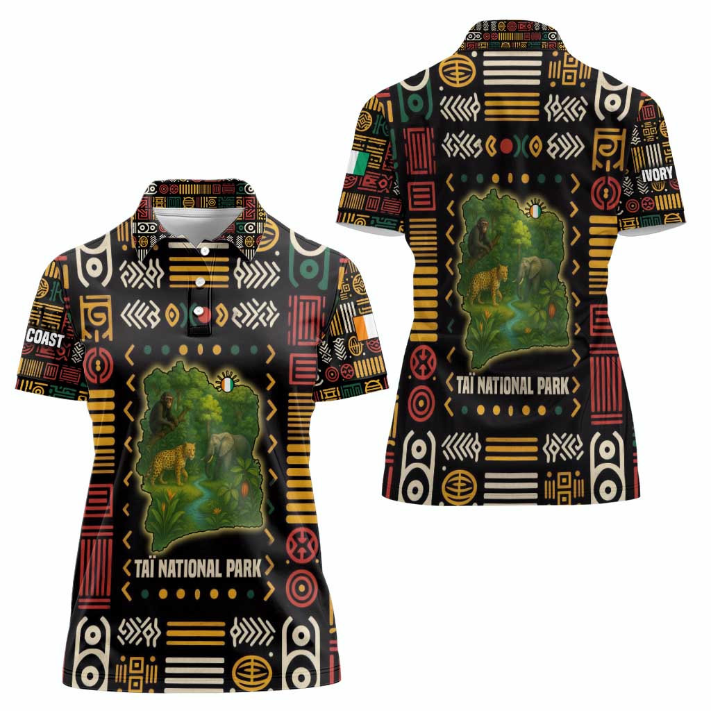Ivory Coast Women Polo Shirt with Taï National Park Wildlife Map Design - Wonder Print Shop