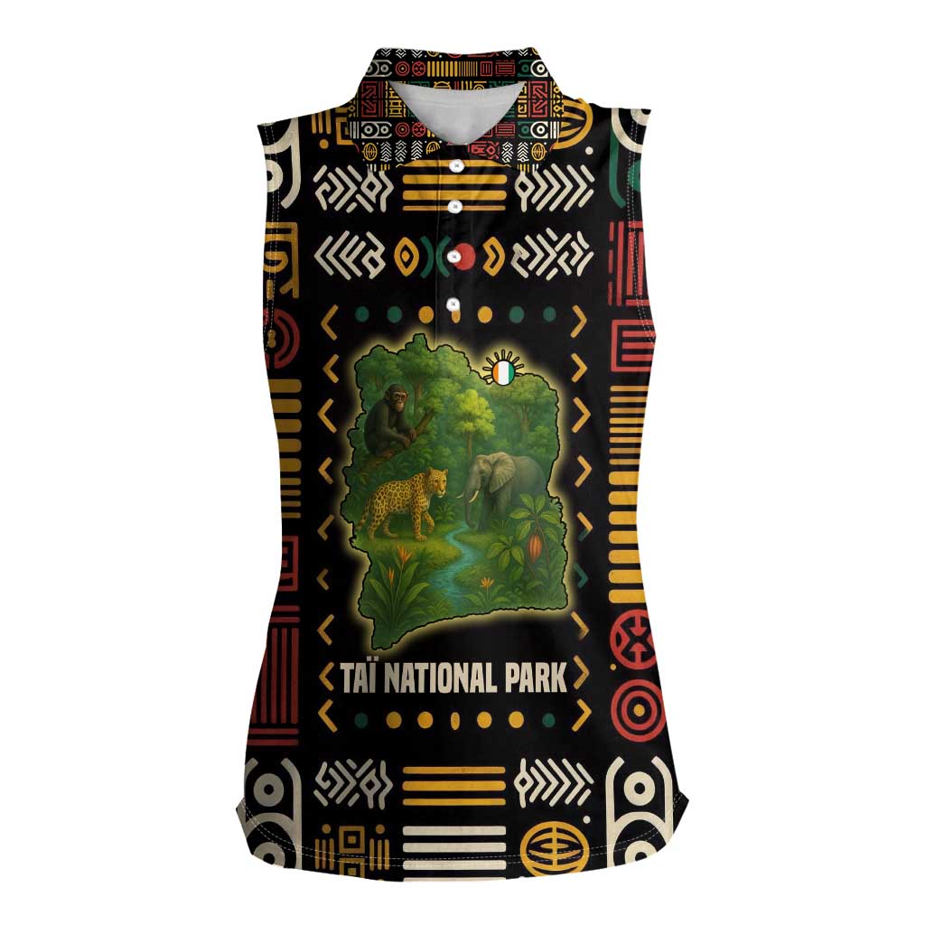 Ivory Coast Women Sleeveless Polo Shirt with Taï National Park Wildlife Map Design - Wonder Print Shop
