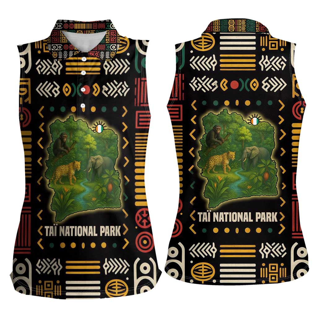 Ivory Coast Women Sleeveless Polo Shirt with Taï National Park Wildlife Map Design - Wonder Print Shop