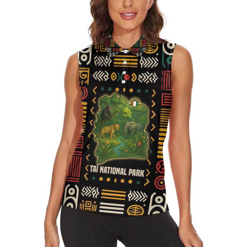 Ivory Coast Women Sleeveless Polo Shirt with Taï National Park Wildlife Map Design - Wonder Print Shop