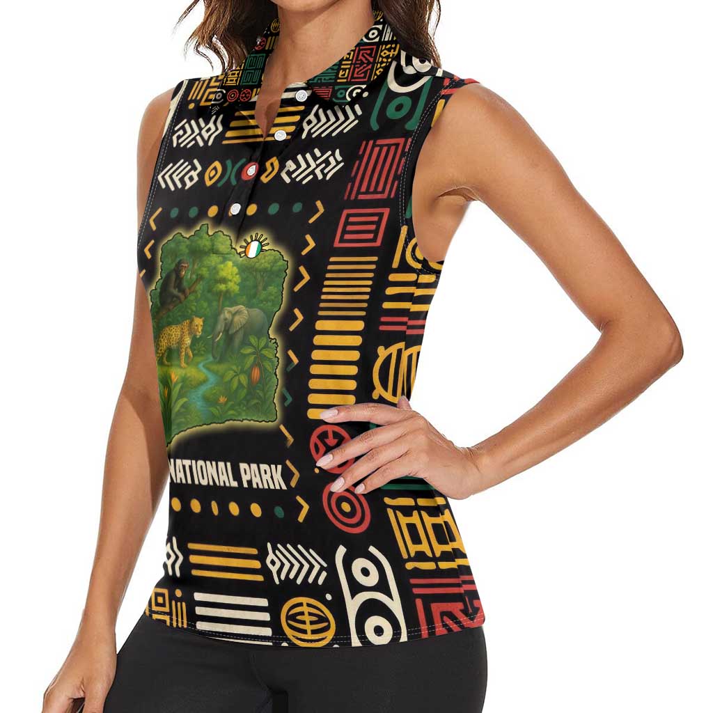 Ivory Coast Women Sleeveless Polo Shirt with Taï National Park Wildlife Map Design - Wonder Print Shop