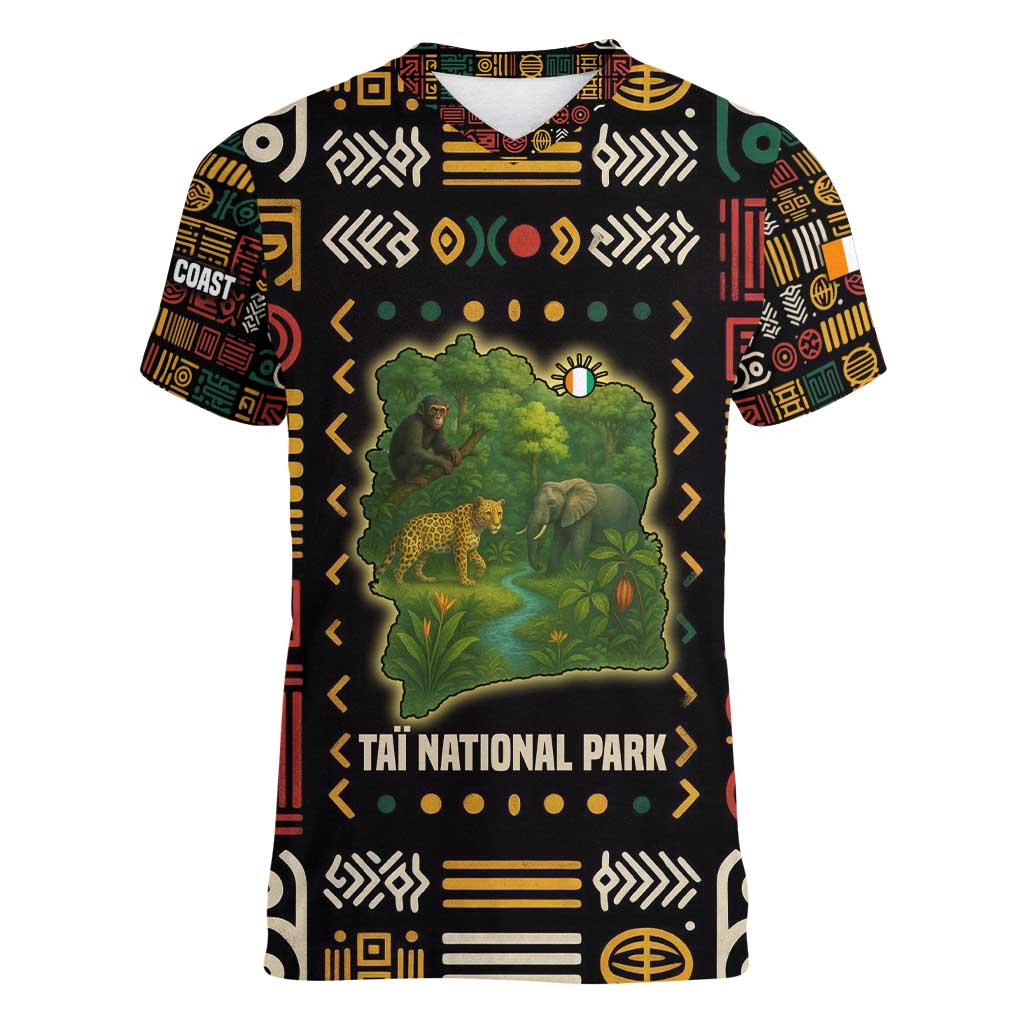 Ivory Coast Women V-Neck T-Shirt with Taï National Park Wildlife Map Design - Wonder Print Shop