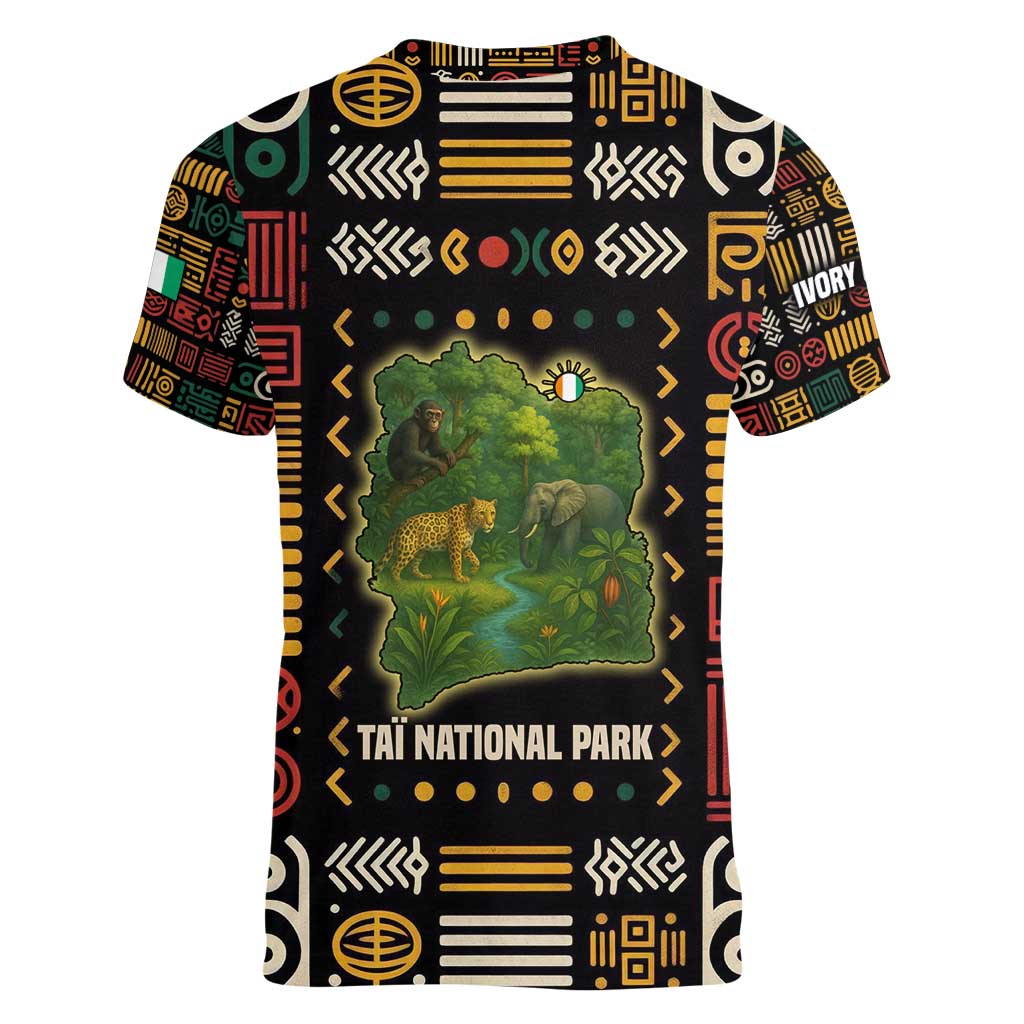 Ivory Coast Women V-Neck T-Shirt with Taï National Park Wildlife Map Design - Wonder Print Shop