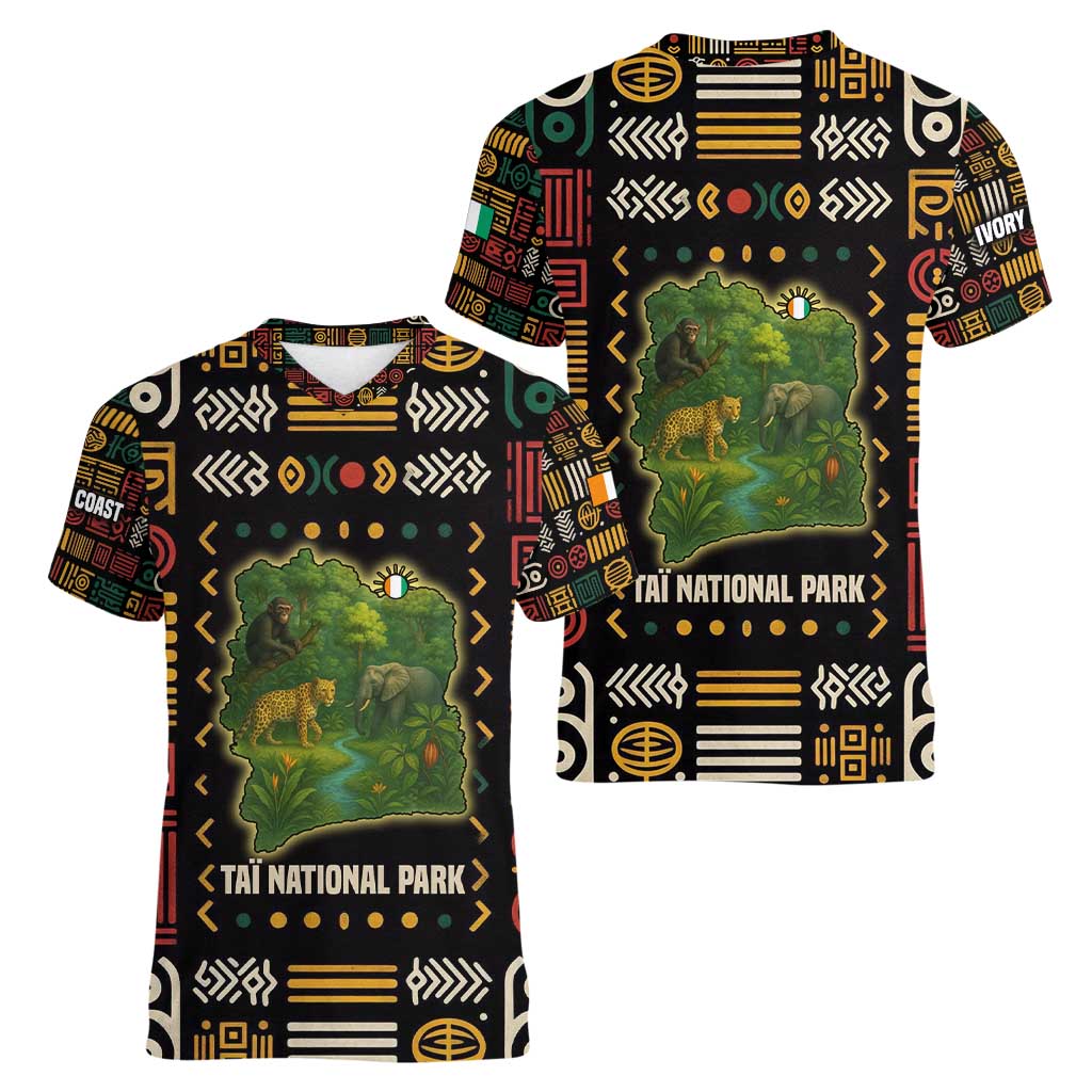 Ivory Coast Women V-Neck T-Shirt with Taï National Park Wildlife Map Design - Wonder Print Shop
