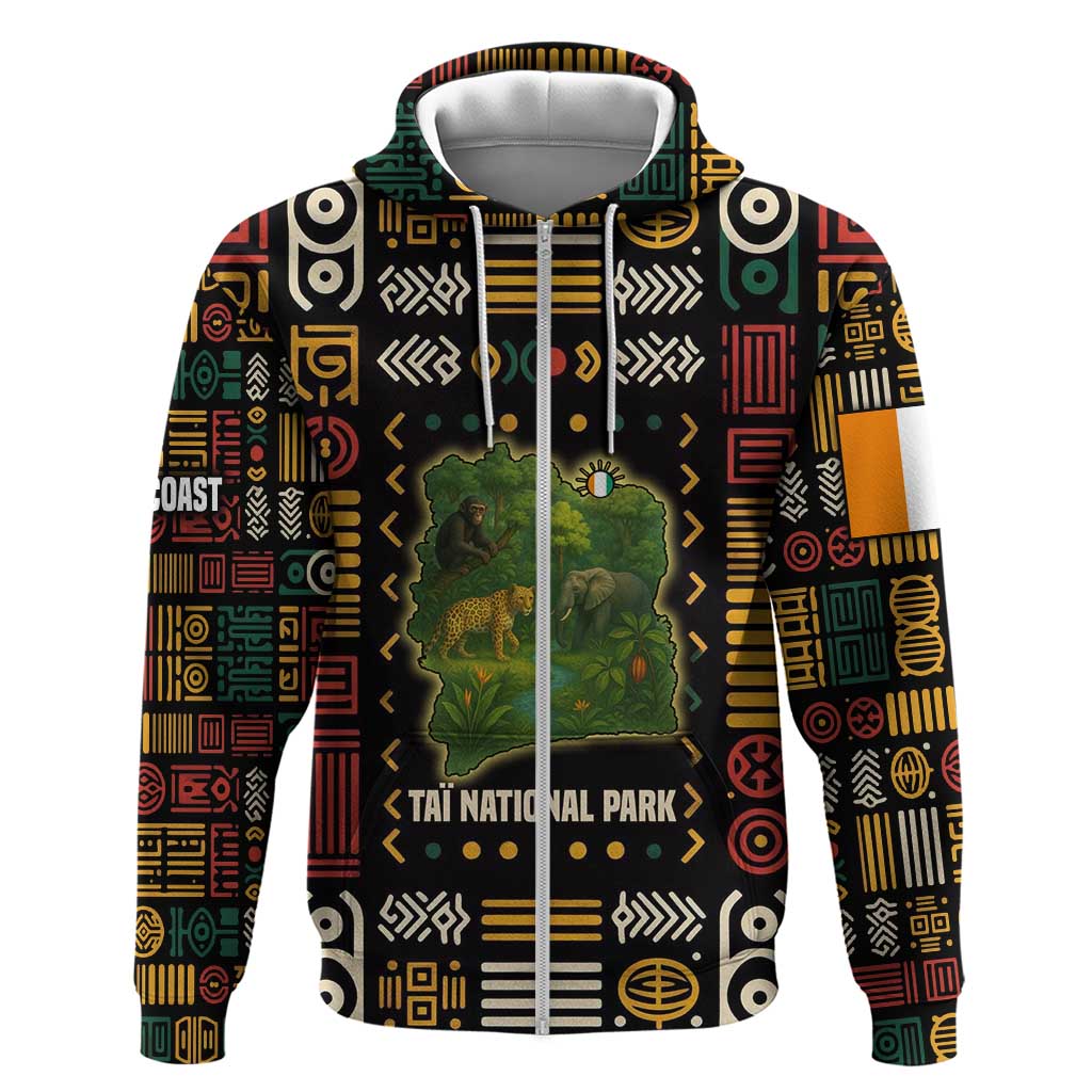 Ivory Coast Zip Hoodie with Taï National Park Wildlife Map Design - Wonder Print Shop