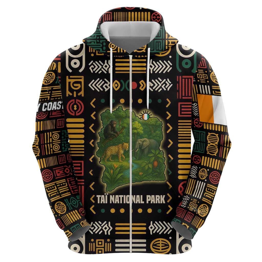Ivory Coast Zip Hoodie with Taï National Park Wildlife Map Design - Wonder Print Shop