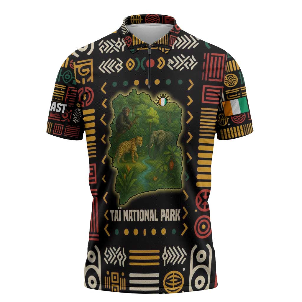 Ivory Coast Zipper Polo Shirt with Taï National Park Wildlife Map Design - Wonder Print Shop