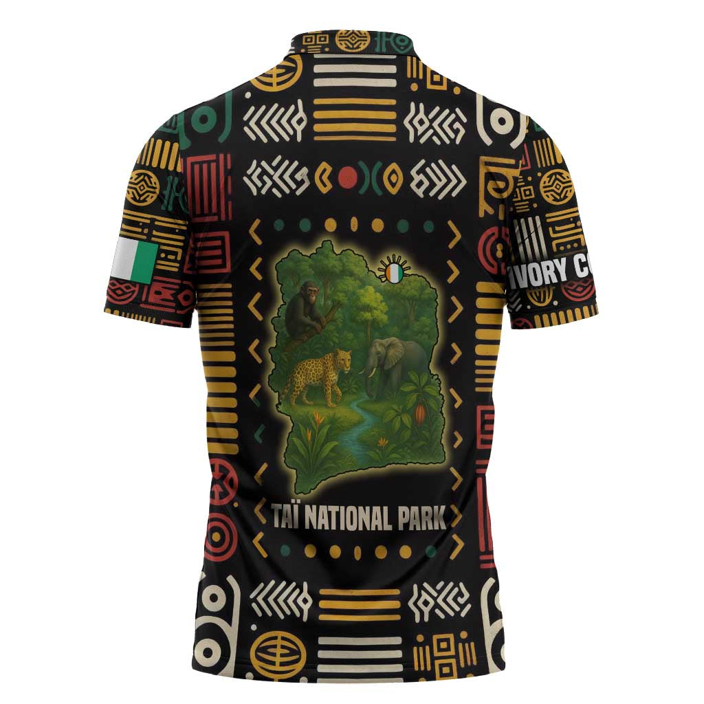 Ivory Coast Zipper Polo Shirt with Taï National Park Wildlife Map Design - Wonder Print Shop