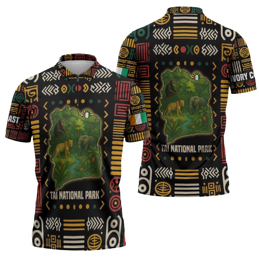 Ivory Coast Zipper Polo Shirt with Taï National Park Wildlife Map Design - Wonder Print Shop
