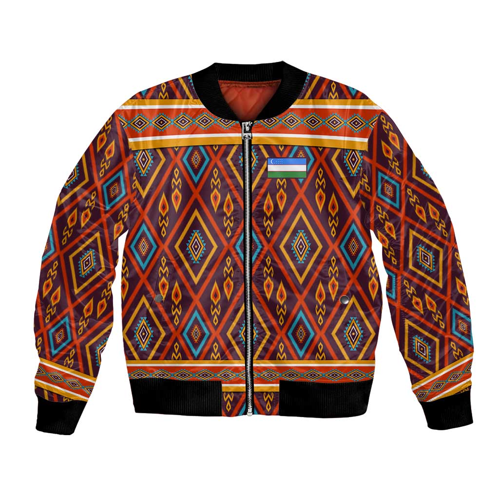 Uzbekistan Bomber Jacket with Traditional Geometric Motif Design - Wonder Print Shop