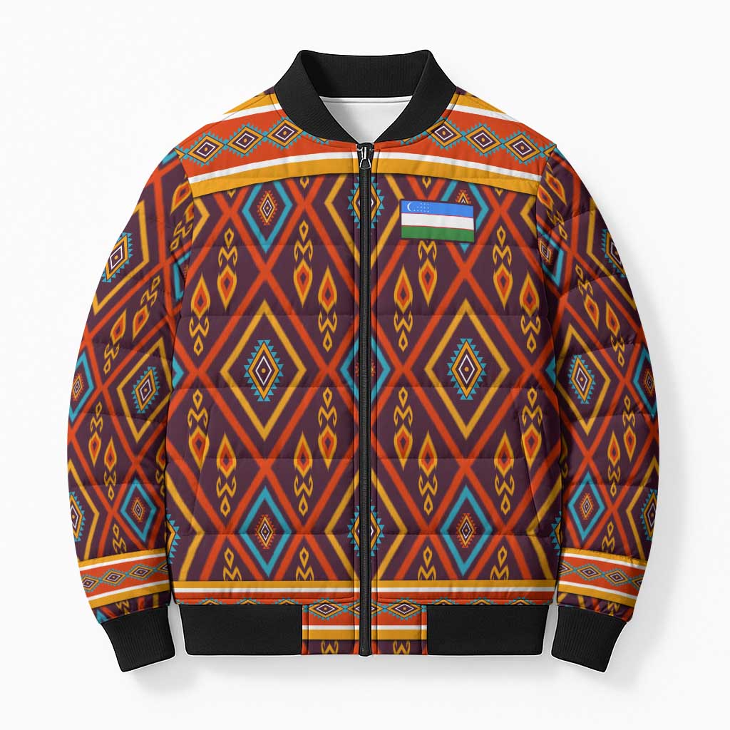 Uzbekistan Bomber Puffer Jacket with Traditional Geometric Motif Design - Wonder Print Shop