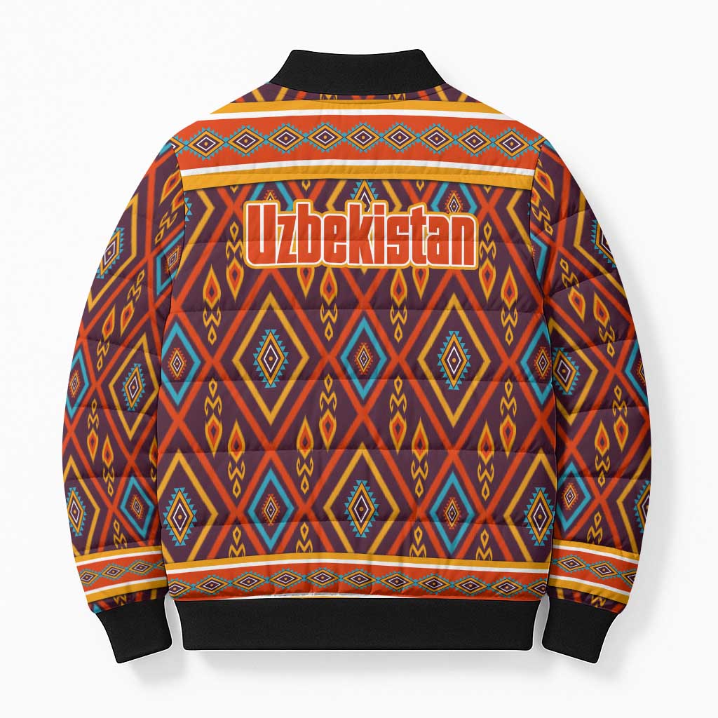 Uzbekistan Bomber Puffer Jacket with Traditional Geometric Motif Design - Wonder Print Shop