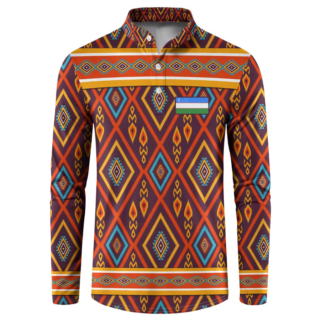 Uzbekistan Button Sweatshirt with Traditional Geometric Motif Design - Wonder Print Shop