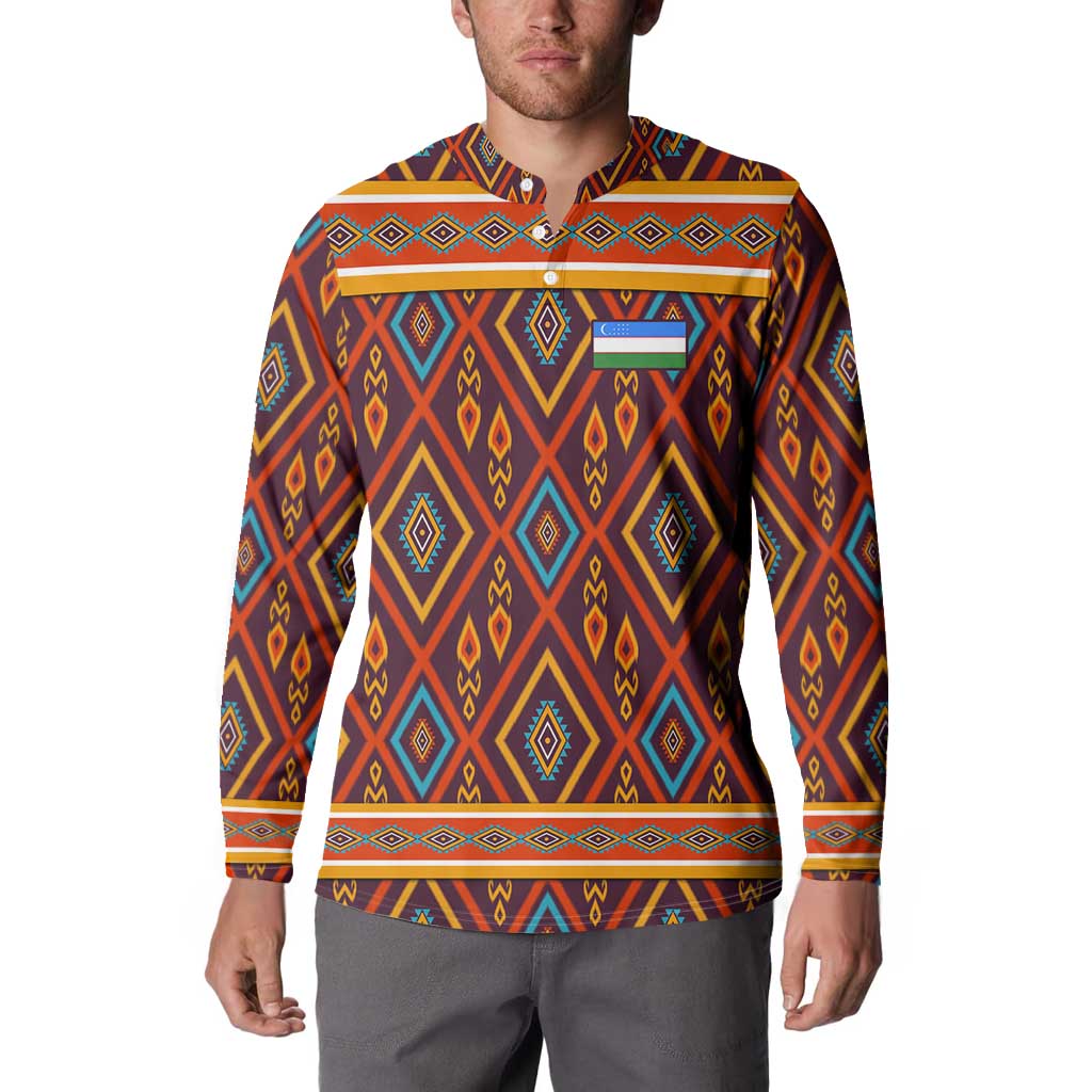Uzbekistan Button Sweatshirt with Traditional Geometric Motif Design - Wonder Print Shop