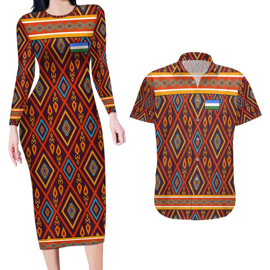 Uzbekistan Couples Matching Long Sleeve Bodycon Dress and Hawaiian Shirt with Traditional Geometric Motif Design - Wonder Print Shop