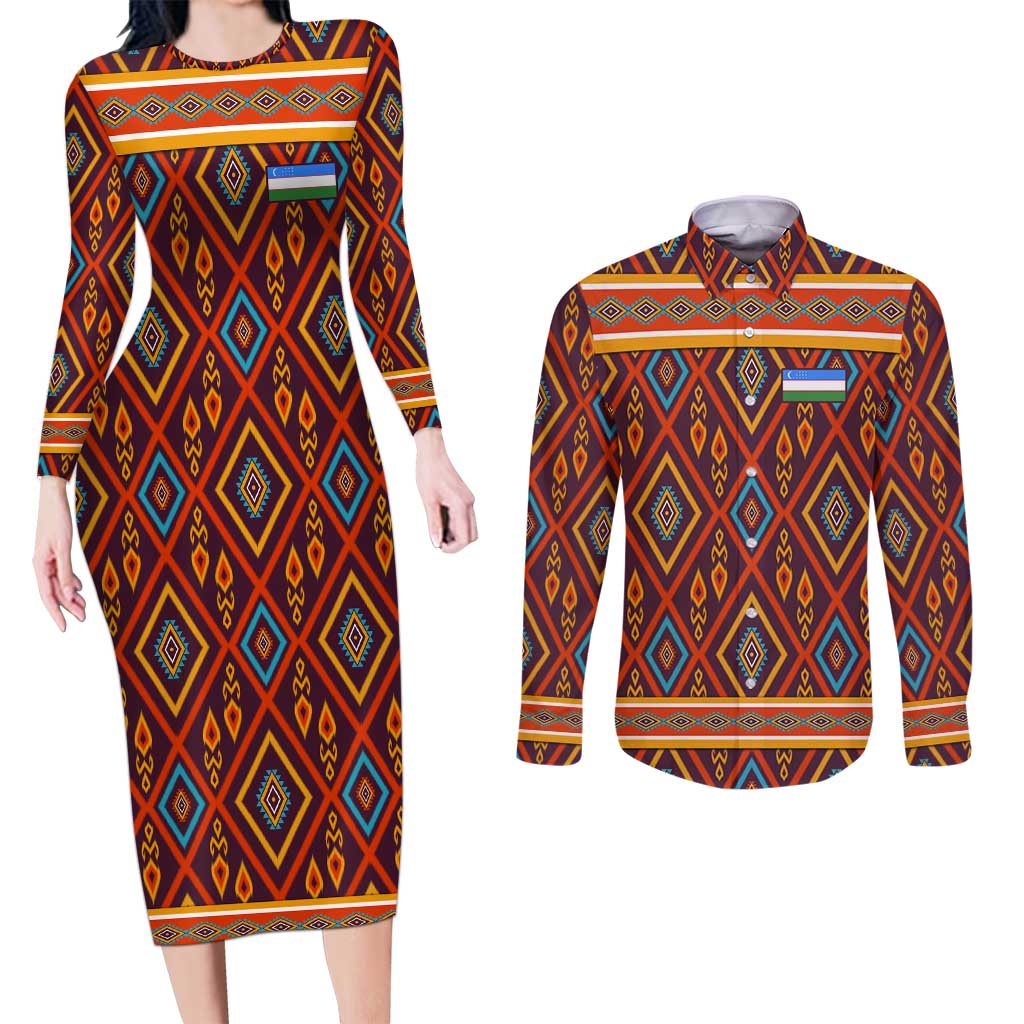 Uzbekistan Couples Matching Long Sleeve Bodycon Dress and Long Sleeve Button Shirt with Traditional Geometric Motif Design - Wonder Print Shop