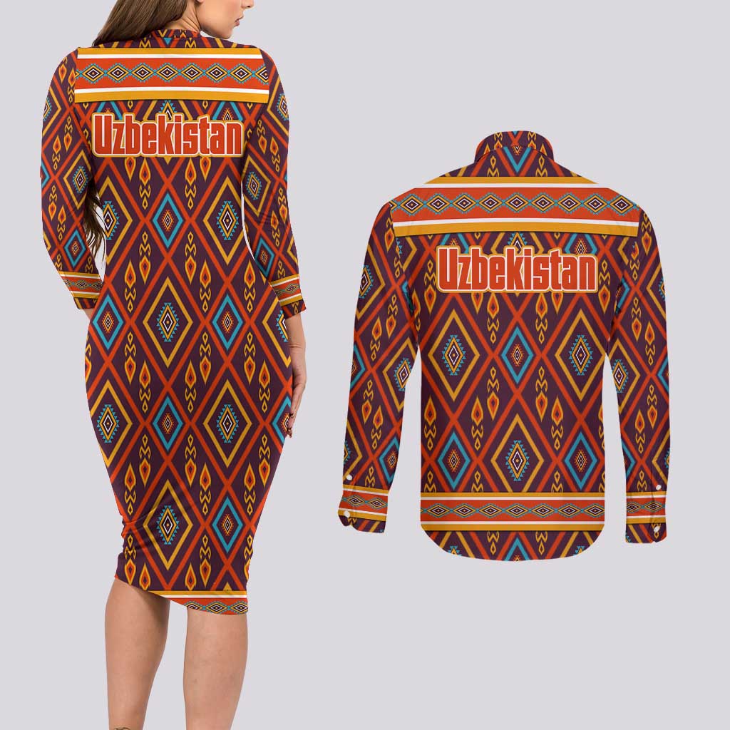 Uzbekistan Couples Matching Long Sleeve Bodycon Dress and Long Sleeve Button Shirt with Traditional Geometric Motif Design - Wonder Print Shop