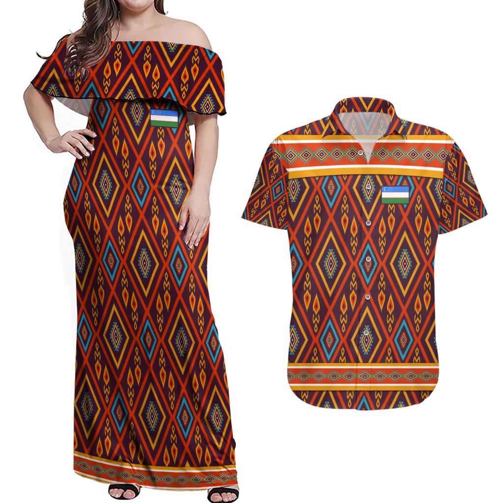 Uzbekistan Couples Matching Off Shoulder Maxi Dress and Hawaiian Shirt with Traditional Geometric Motif Design - Wonder Print Shop
