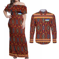 Uzbekistan Couples Matching Off Shoulder Maxi Dress and Long Sleeve Button Shirt with Traditional Geometric Motif Design - Wonder Print Shop