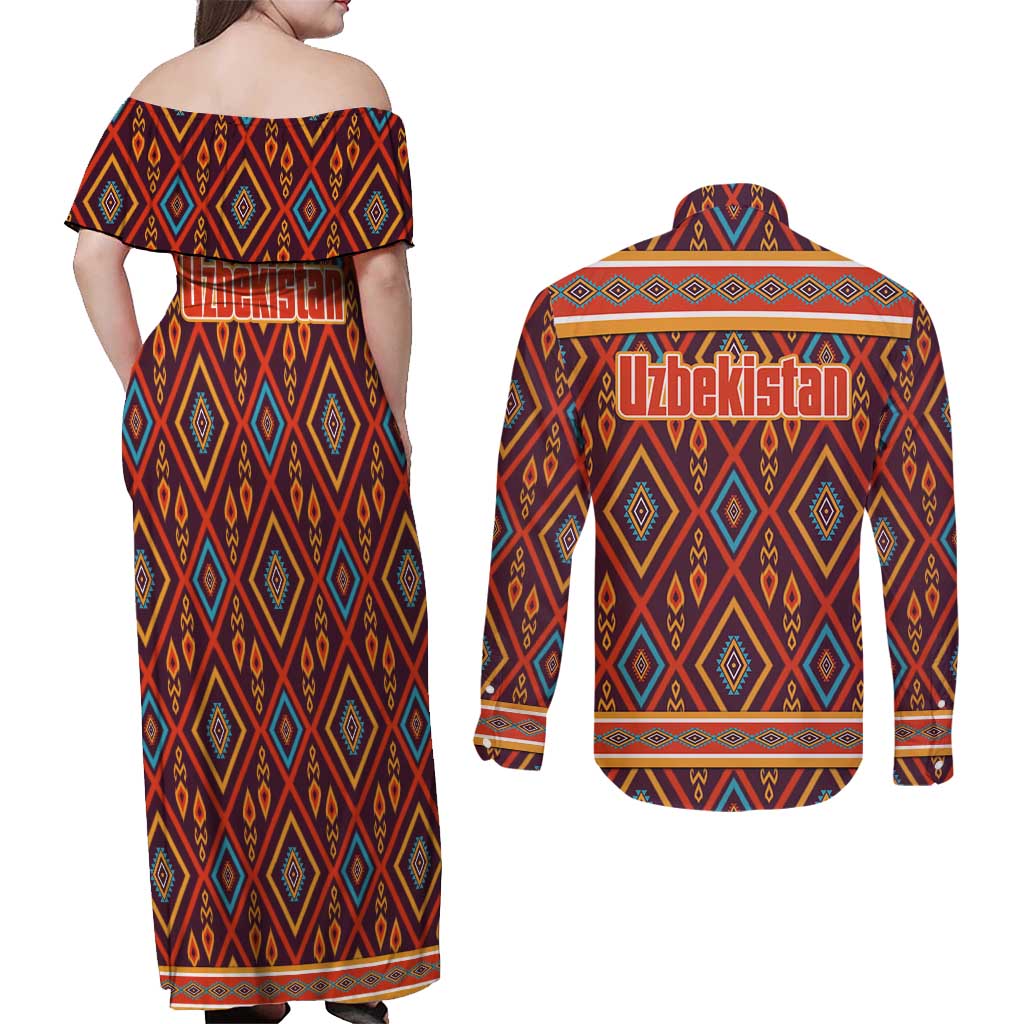 Uzbekistan Couples Matching Off Shoulder Maxi Dress and Long Sleeve Button Shirt with Traditional Geometric Motif Design - Wonder Print Shop