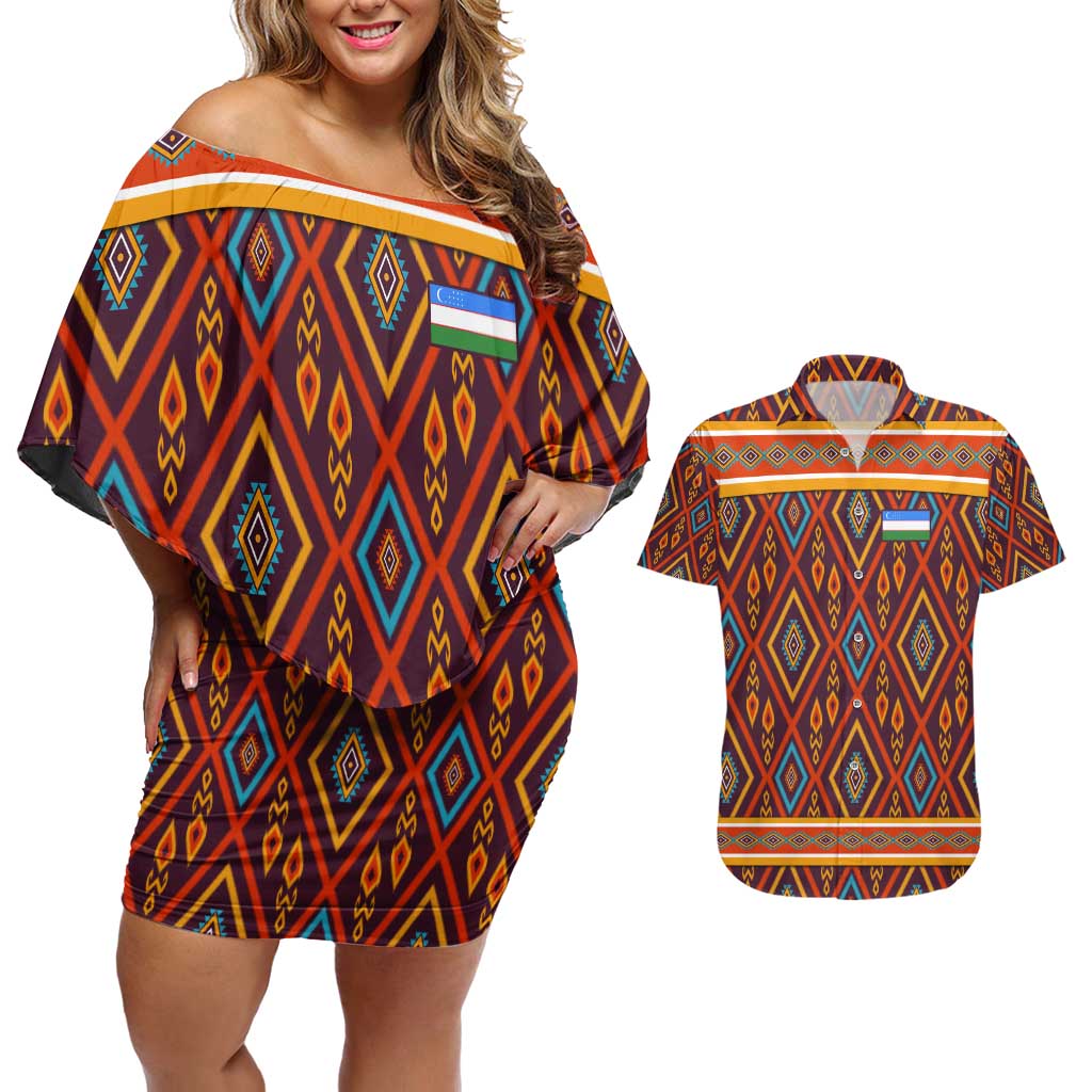 Uzbekistan Couples Matching Off Shoulder Short Dress and Hawaiian Shirt with Traditional Geometric Motif Design - Wonder Print Shop