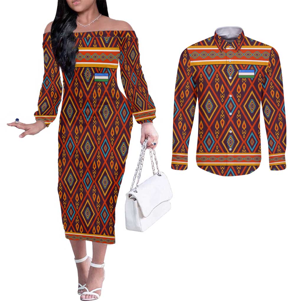 Uzbekistan Couples Matching Off The Shoulder Long Sleeve Dress and Long Sleeve Button Shirt with Traditional Geometric Motif Design - Wonder Print Shop