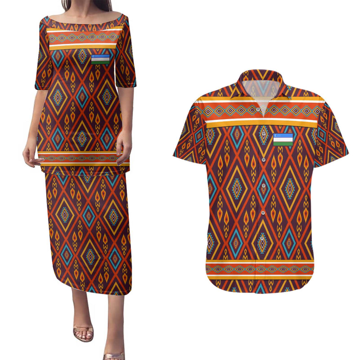 Uzbekistan Couples Matching Puletasi and Hawaiian Shirt with Traditional Geometric Motif Design - Wonder Print Shop