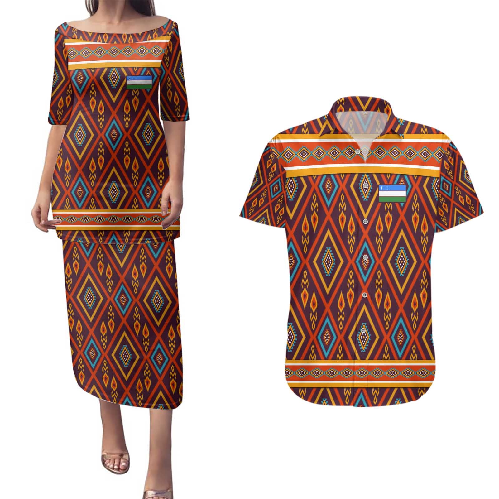 Uzbekistan Couples Matching Puletasi and Hawaiian Shirt with Traditional Geometric Motif Design - Wonder Print Shop