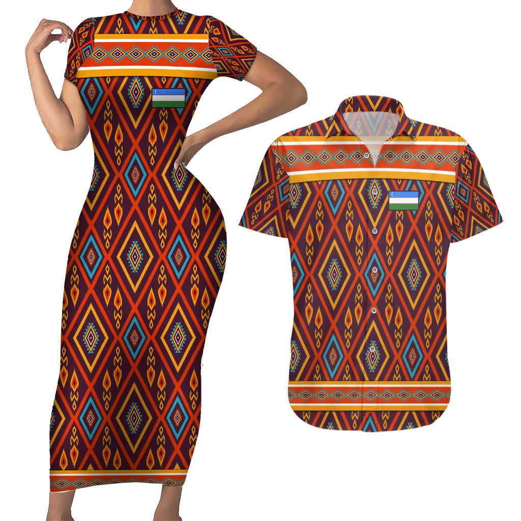 Uzbekistan Couples Matching Short Sleeve Bodycon Dress and Hawaiian Shirt with Traditional Geometric Motif Design - Wonder Print Shop