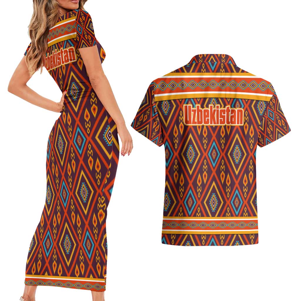 Uzbekistan Couples Matching Short Sleeve Bodycon Dress and Hawaiian Shirt with Traditional Geometric Motif Design - Wonder Print Shop