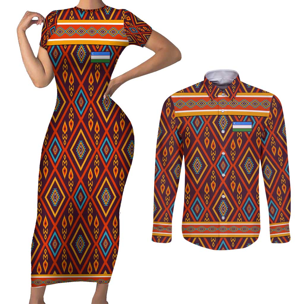Uzbekistan Couples Matching Short Sleeve Bodycon Dress and Long Sleeve Button Shirt with Traditional Geometric Motif Design - Wonder Print Shop