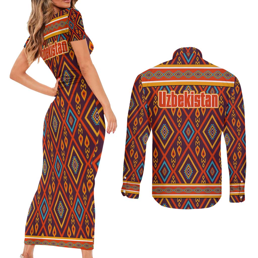 Uzbekistan Couples Matching Short Sleeve Bodycon Dress and Long Sleeve Button Shirt with Traditional Geometric Motif Design - Wonder Print Shop