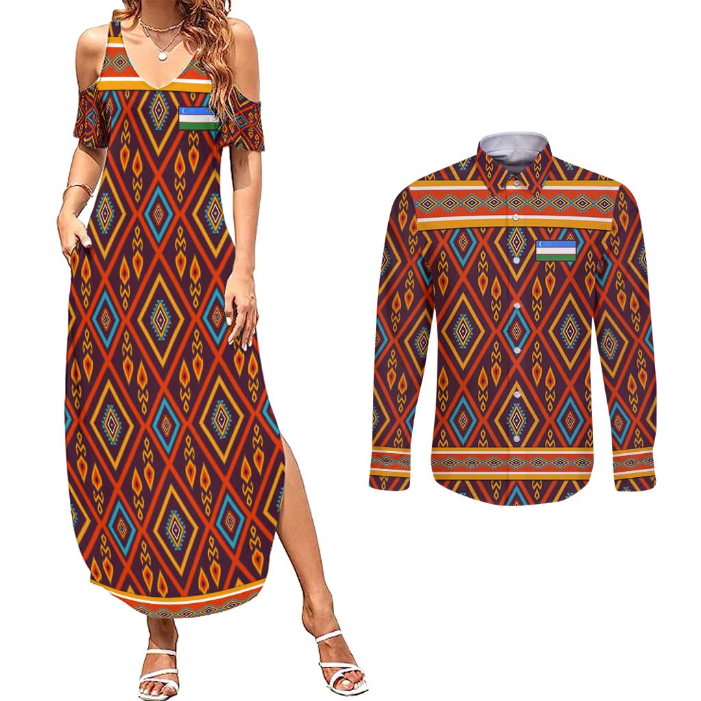 Uzbekistan Couples Matching Summer Maxi Dress and Long Sleeve Button Shirt with Traditional Geometric Motif Design - Wonder Print Shop
