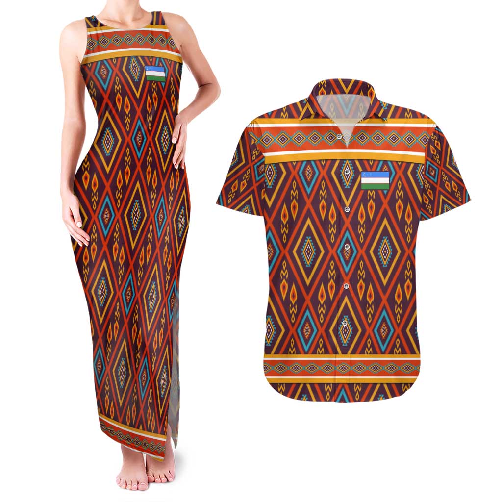Uzbekistan Couples Matching Tank Maxi Dress and Hawaiian Shirt with Traditional Geometric Motif Design - Wonder Print Shop