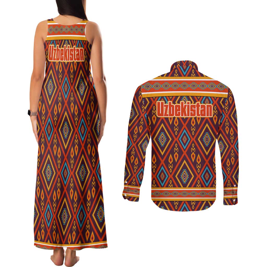 Uzbekistan Couples Matching Tank Maxi Dress and Long Sleeve Button Shirt with Traditional Geometric Motif Design - Wonder Print Shop