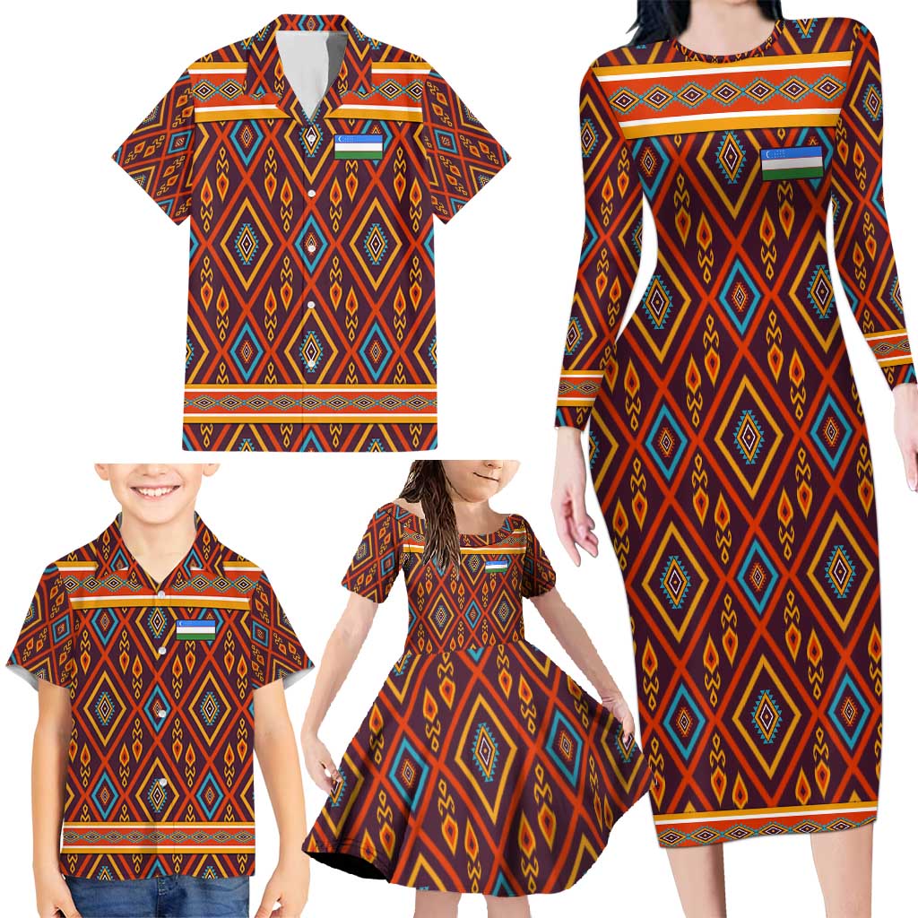 Uzbekistan Family Matching Long Sleeve Bodycon Dress and Hawaiian Shirt with Traditional Geometric Motif Design - Wonder Print Shop
