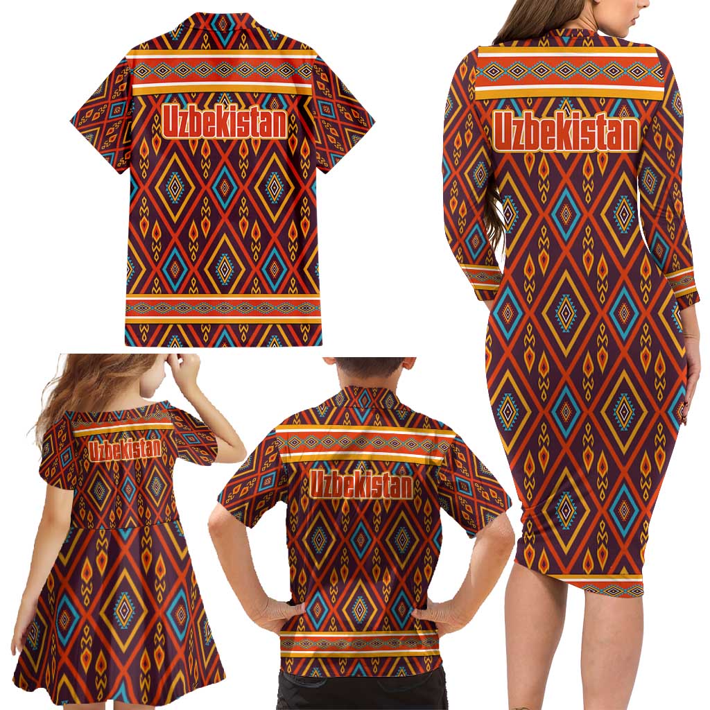 Uzbekistan Family Matching Long Sleeve Bodycon Dress and Hawaiian Shirt with Traditional Geometric Motif Design - Wonder Print Shop
