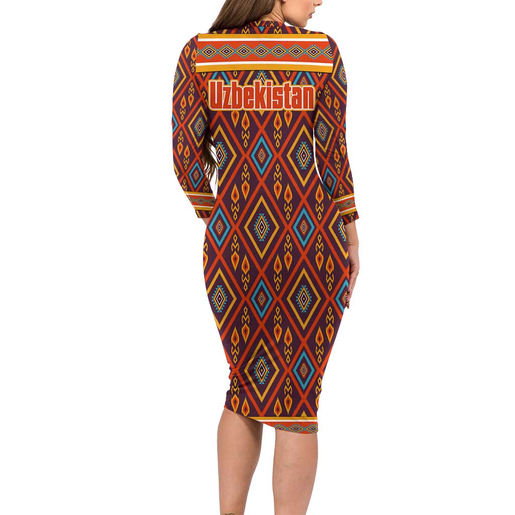 Uzbekistan Family Matching Long Sleeve Bodycon Dress and Hawaiian Shirt with Traditional Geometric Motif Design - Wonder Print Shop