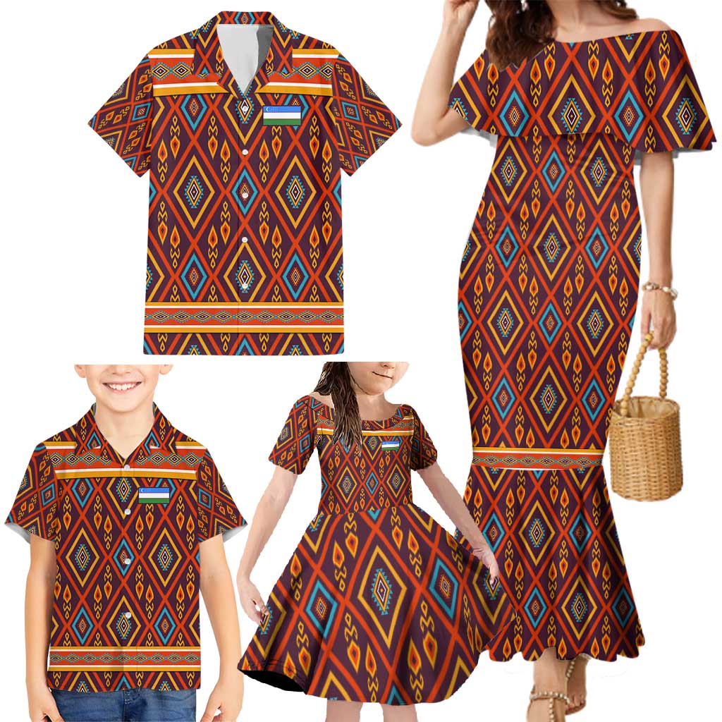 Uzbekistan Family Matching Mermaid Dress and Hawaiian Shirt with Traditional Geometric Motif Design - Wonder Print Shop