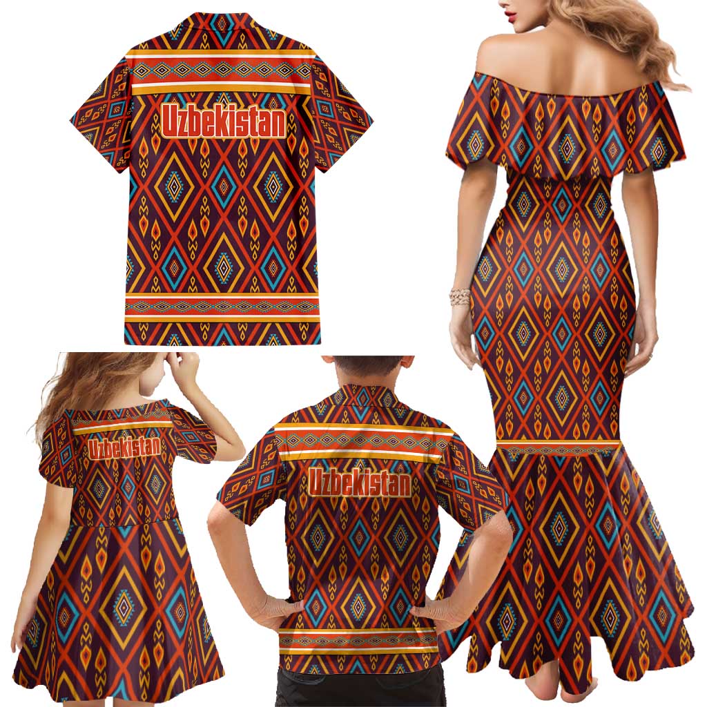 Uzbekistan Family Matching Mermaid Dress and Hawaiian Shirt with Traditional Geometric Motif Design - Wonder Print Shop