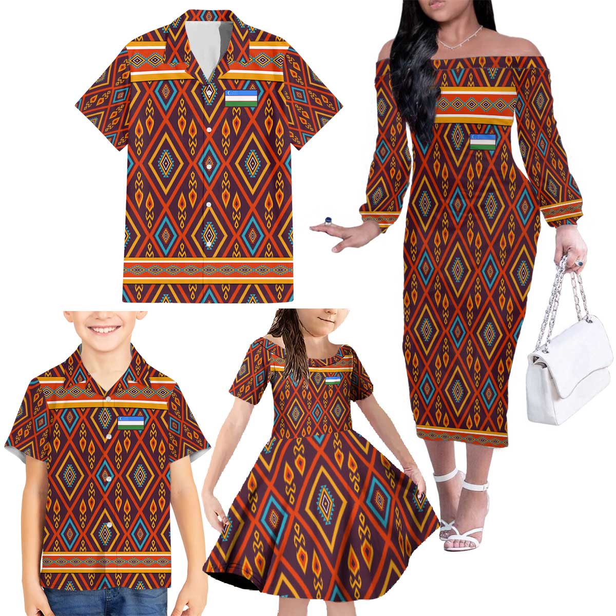 Uzbekistan Family Matching Off The Shoulder Long Sleeve Dress and Hawaiian Shirt with Traditional Geometric Motif Design - Wonder Print Shop