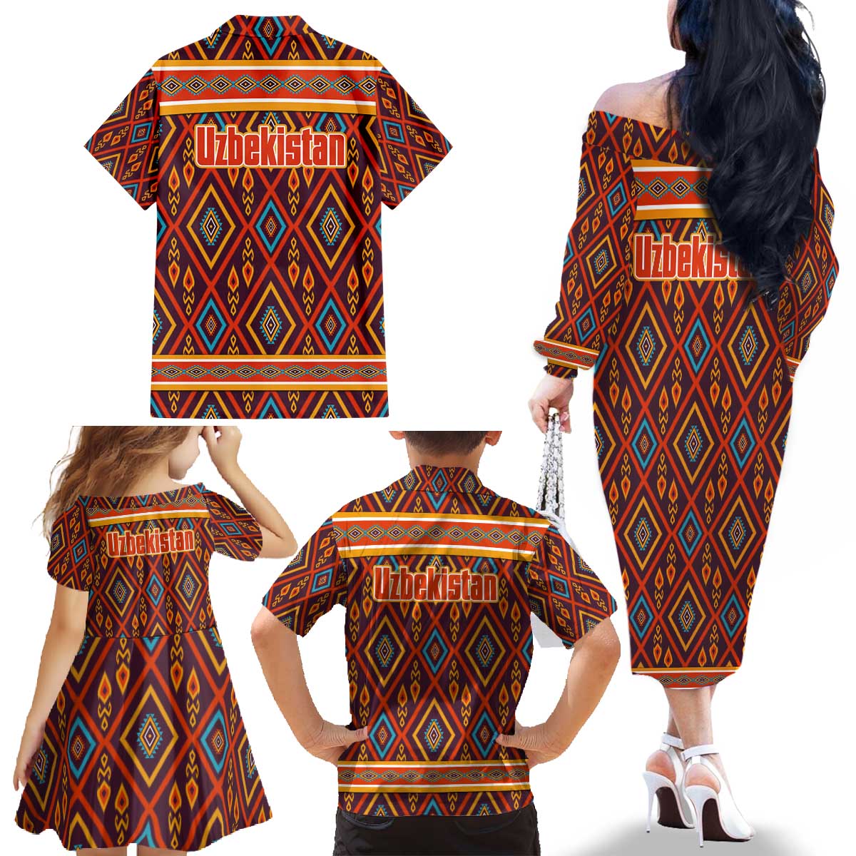 Uzbekistan Family Matching Off The Shoulder Long Sleeve Dress and Hawaiian Shirt with Traditional Geometric Motif Design - Wonder Print Shop