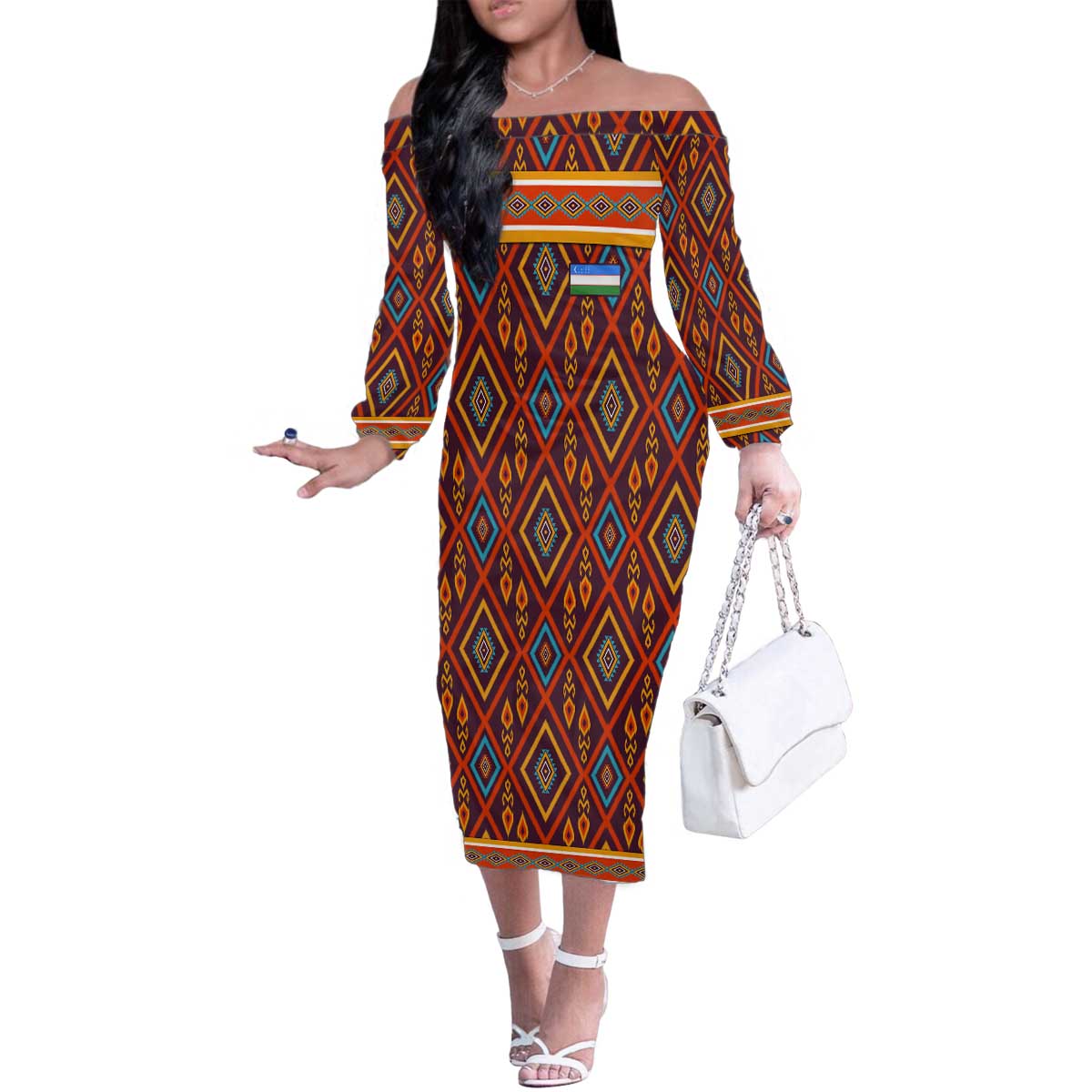 Uzbekistan Family Matching Off The Shoulder Long Sleeve Dress and Hawaiian Shirt with Traditional Geometric Motif Design - Wonder Print Shop