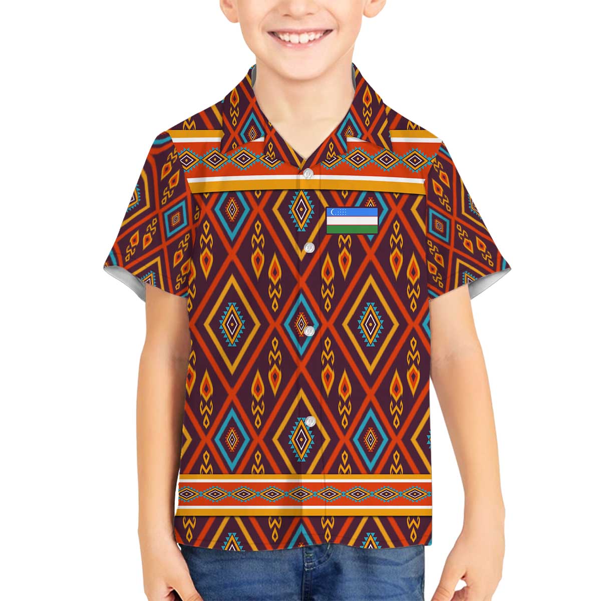 Uzbekistan Family Matching Off The Shoulder Long Sleeve Dress and Hawaiian Shirt with Traditional Geometric Motif Design - Wonder Print Shop