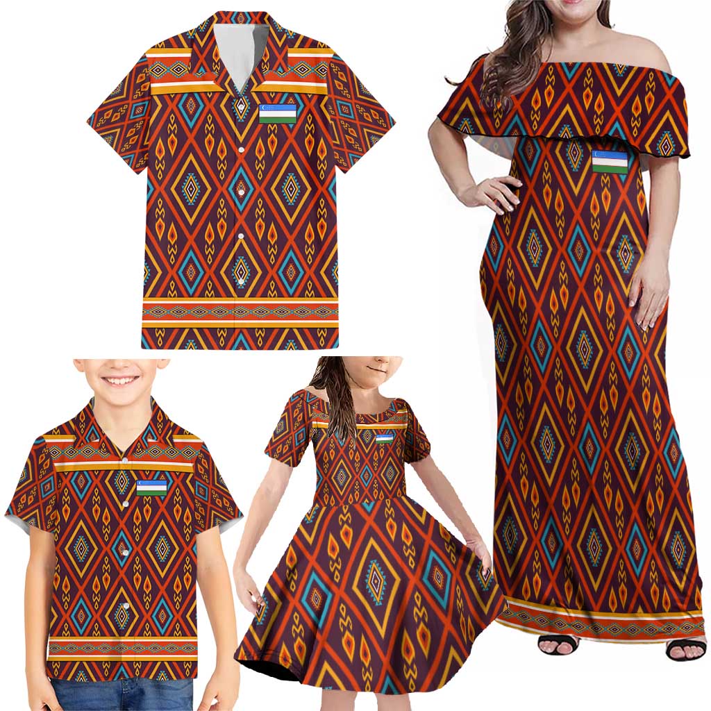 Uzbekistan Family Matching Off Shoulder Maxi Dress and Hawaiian Shirt with Traditional Geometric Motif Design - Wonder Print Shop