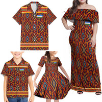 Uzbekistan Family Matching Off Shoulder Maxi Dress and Hawaiian Shirt with Traditional Geometric Motif Design - Wonder Print Shop