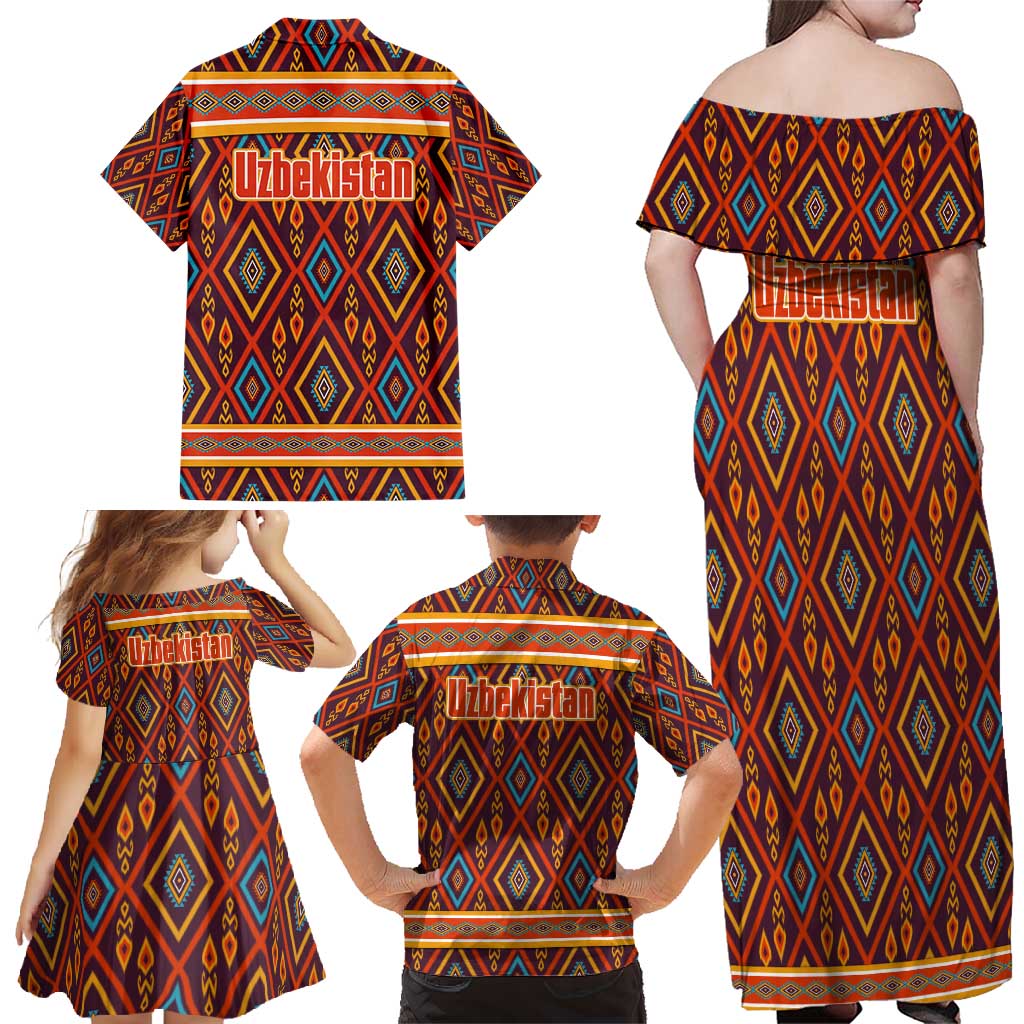 Uzbekistan Family Matching Off Shoulder Maxi Dress and Hawaiian Shirt with Traditional Geometric Motif Design - Wonder Print Shop